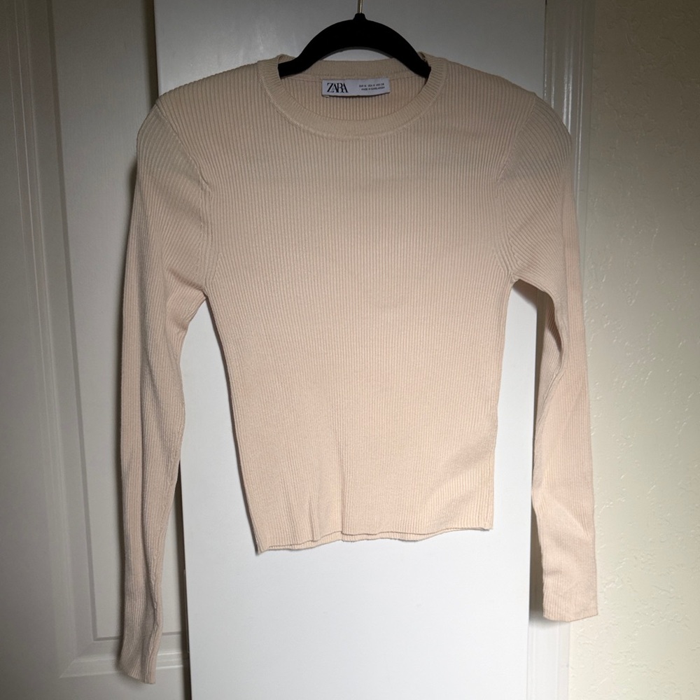 Zara Beige Ribbed Long Sleeve Tee